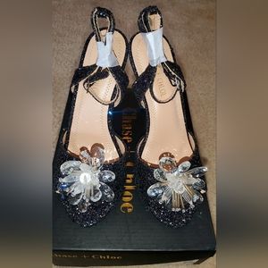 Black Mermaid Glitter..Crystal Bow..Open Toe Heels